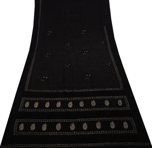 Sushila Vintage Black Saree 100% Pure Crepe Hand Embroidered Floral Sari Fabric