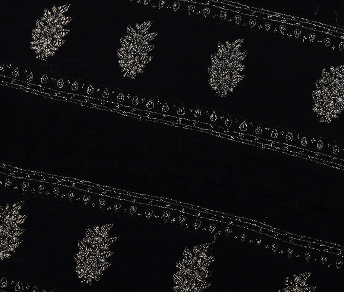 Sushila Vintage Black Saree 100% Pure Crepe Hand Embroidered Floral Sari Fabric
