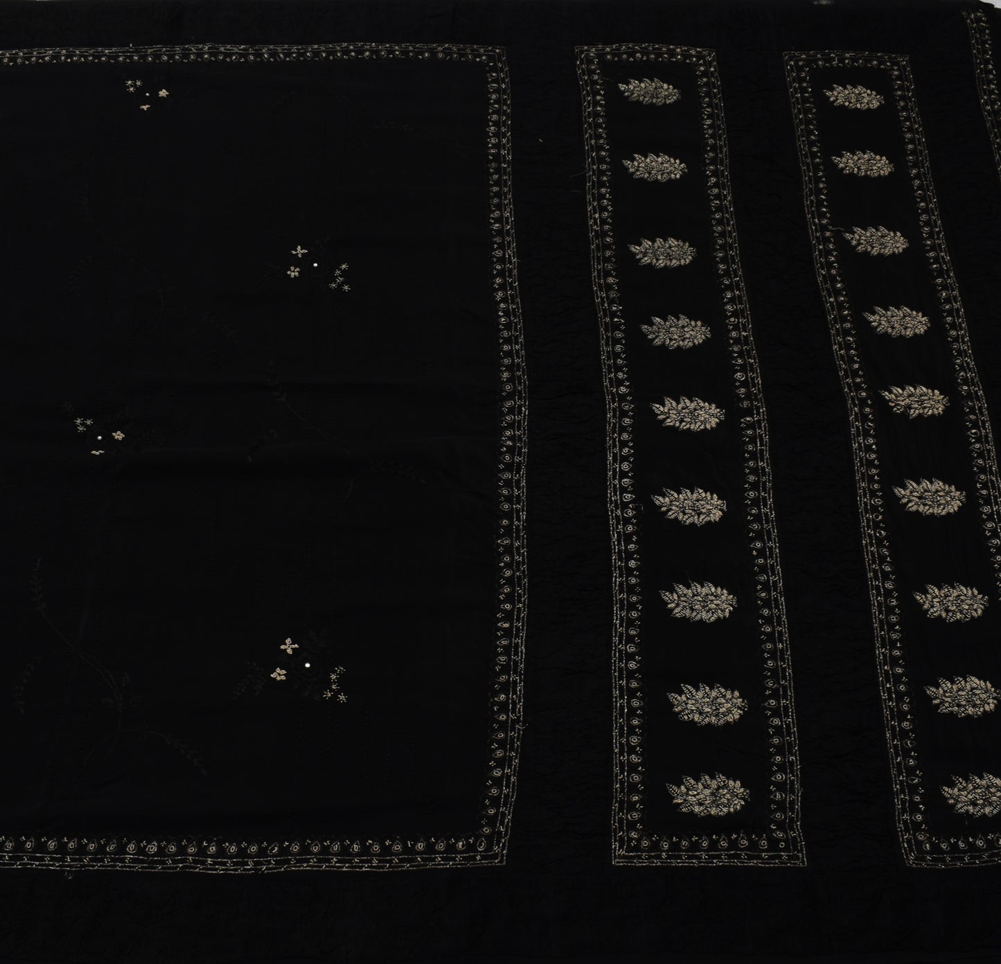 Sushila Vintage Black Saree 100% Pure Crepe Hand Embroidered Floral Sari Fabric
