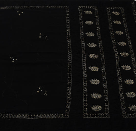 Sushila Vintage Black Saree 100% Pure Crepe Hand Embroidered Floral Sari Fabric