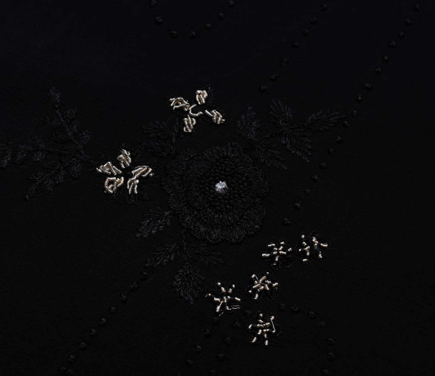 Sushila Vintage Black Saree 100% Pure Crepe Hand Embroidered Floral Sari Fabric
