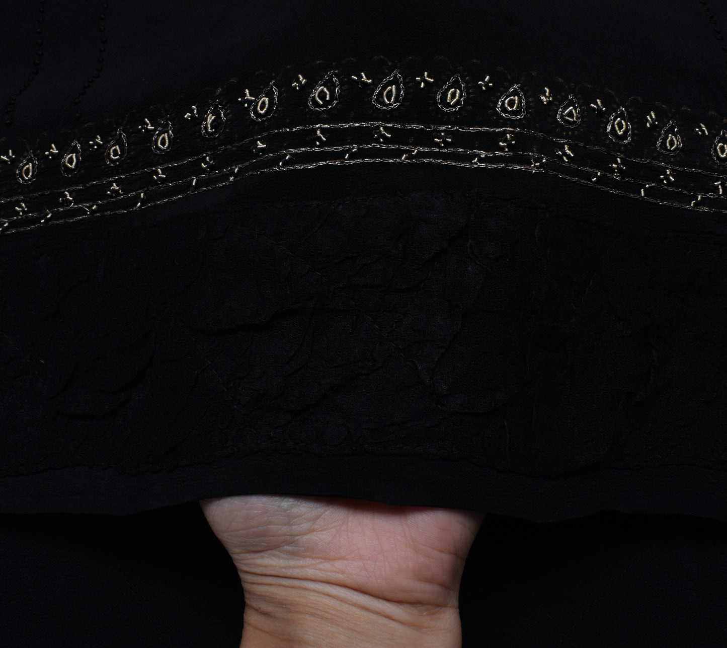 Sushila Vintage Black Saree 100% Pure Crepe Hand Embroidered Floral Sari Fabric