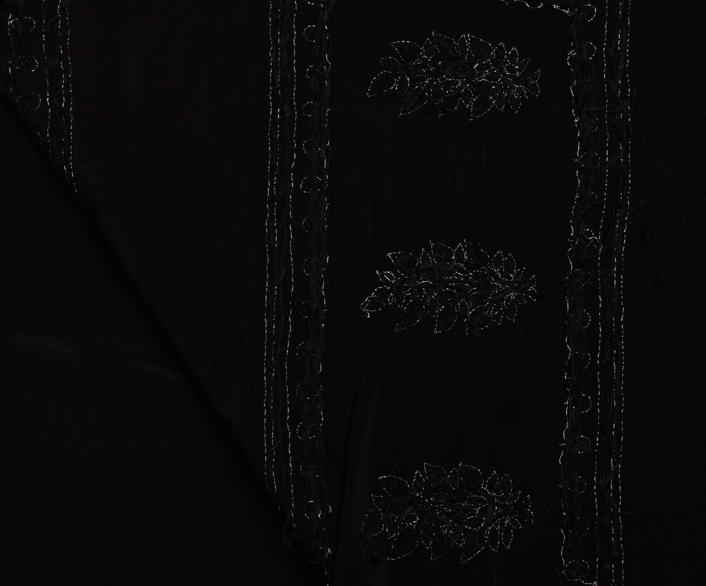 Sushila Vintage Black Saree 100% Pure Crepe Hand Embroidered Floral Sari Fabric