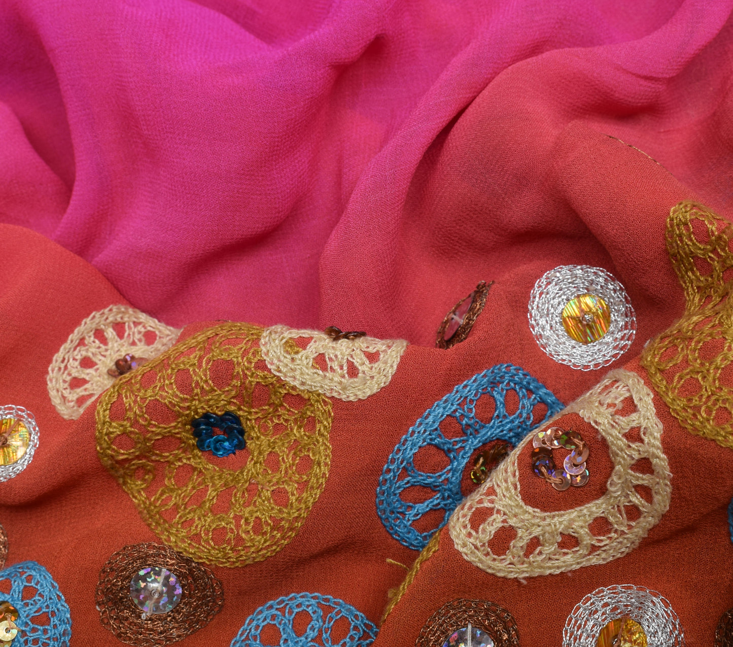 Sushila Vintage HEAVY Saree Pure Georgette Magenta & Rust Embroidered Sari Fabric