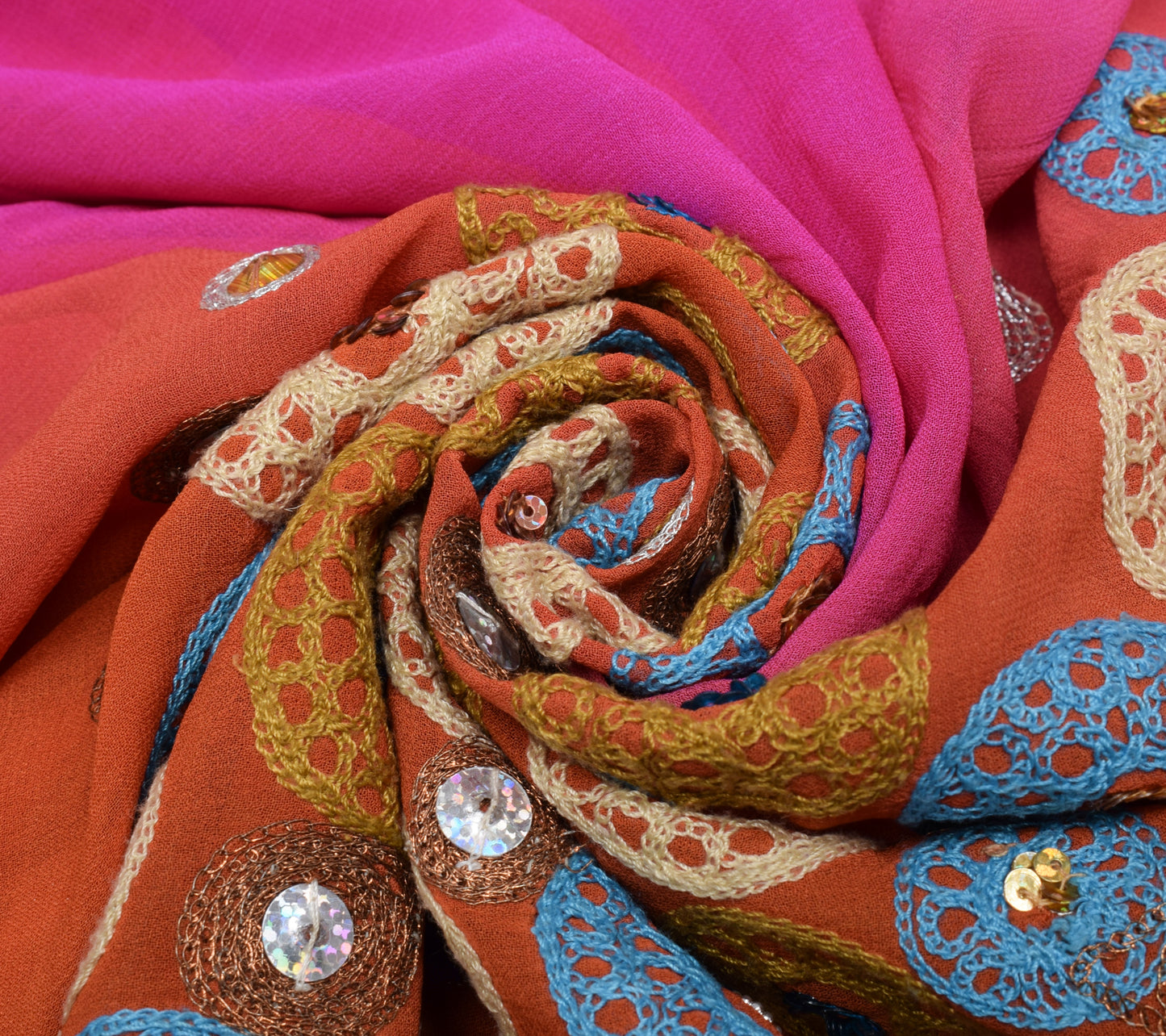 Sushila Vintage HEAVY Saree Pure Georgette Magenta & Rust Embroidered Sari Fabric