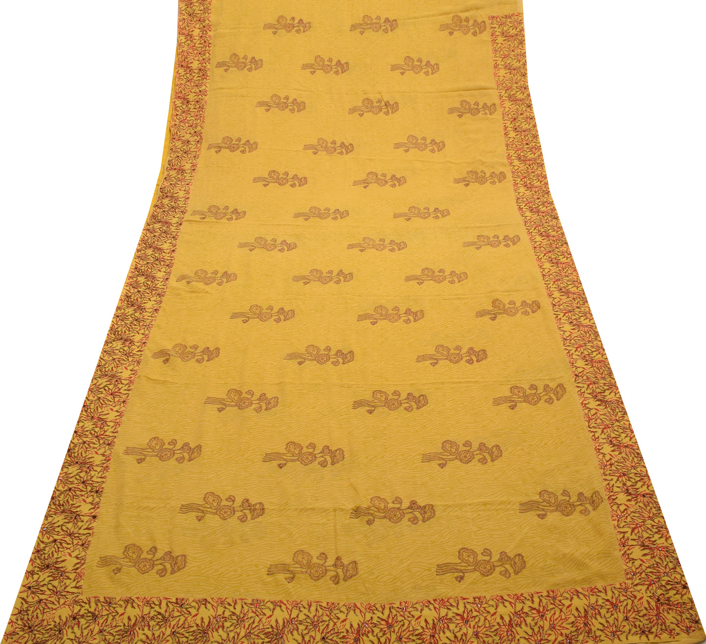 Sushila Vintage Mustard Saree Pure Georgette Silk Hand Beaded Floral Sari Fabric