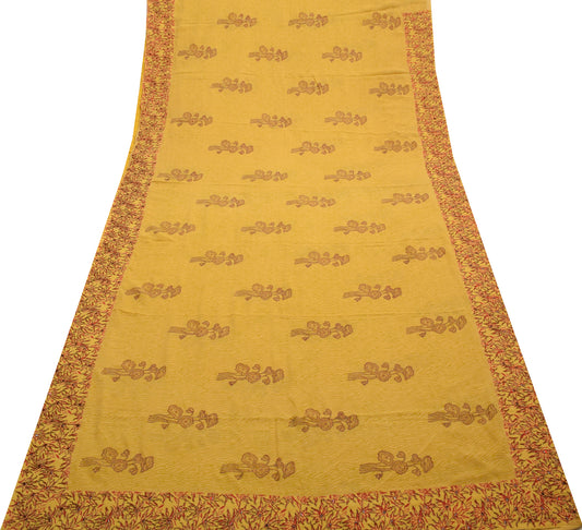 Sushila Vintage Mustard Saree Pure Georgette Silk Hand Beaded Floral Sari Fabric