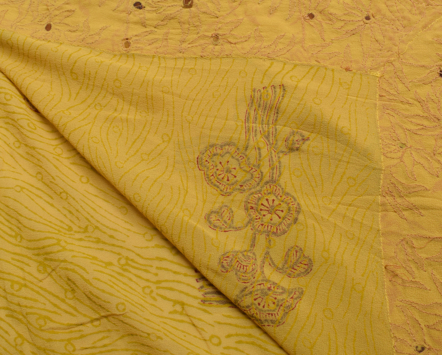 Sushila Vintage Mustard Saree Pure Georgette Silk Hand Beaded Floral Sari Fabric