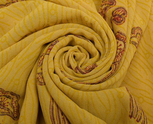 Sushila Vintage Mustard Saree Pure Georgette Silk Hand Beaded Floral Sari Fabric