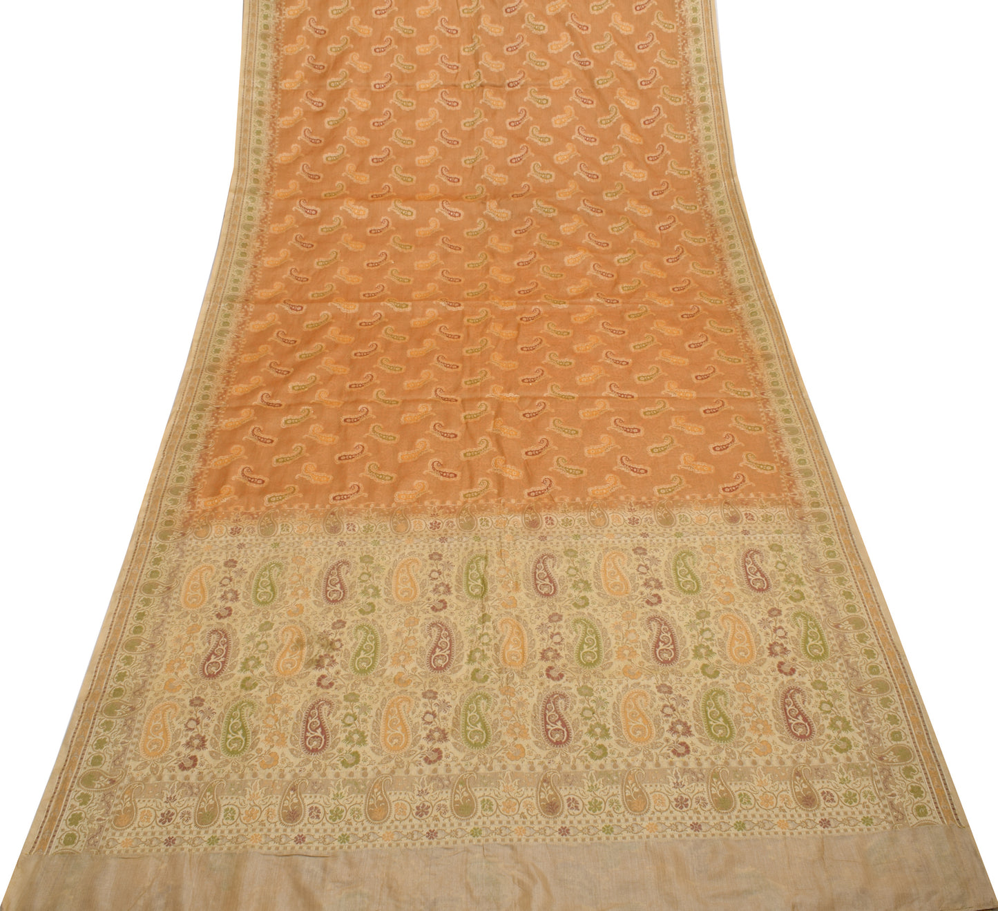 Sushila Vintage Orange Saree 100% Pure Silk All Over Woven Paisley Sari Fabric