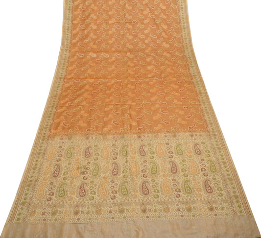 Sushila Vintage Orange Saree 100% Pure Silk All Over Woven Paisley Sari Fabric