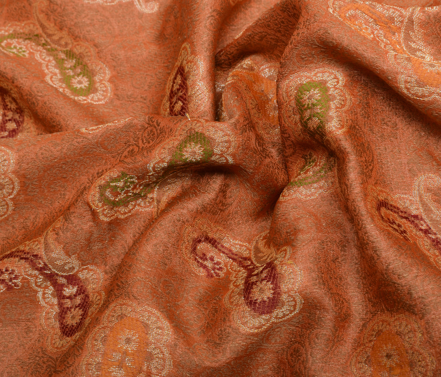 Sushila Vintage Orange Saree 100% Pure Silk All Over Woven Paisley Sari Fabric