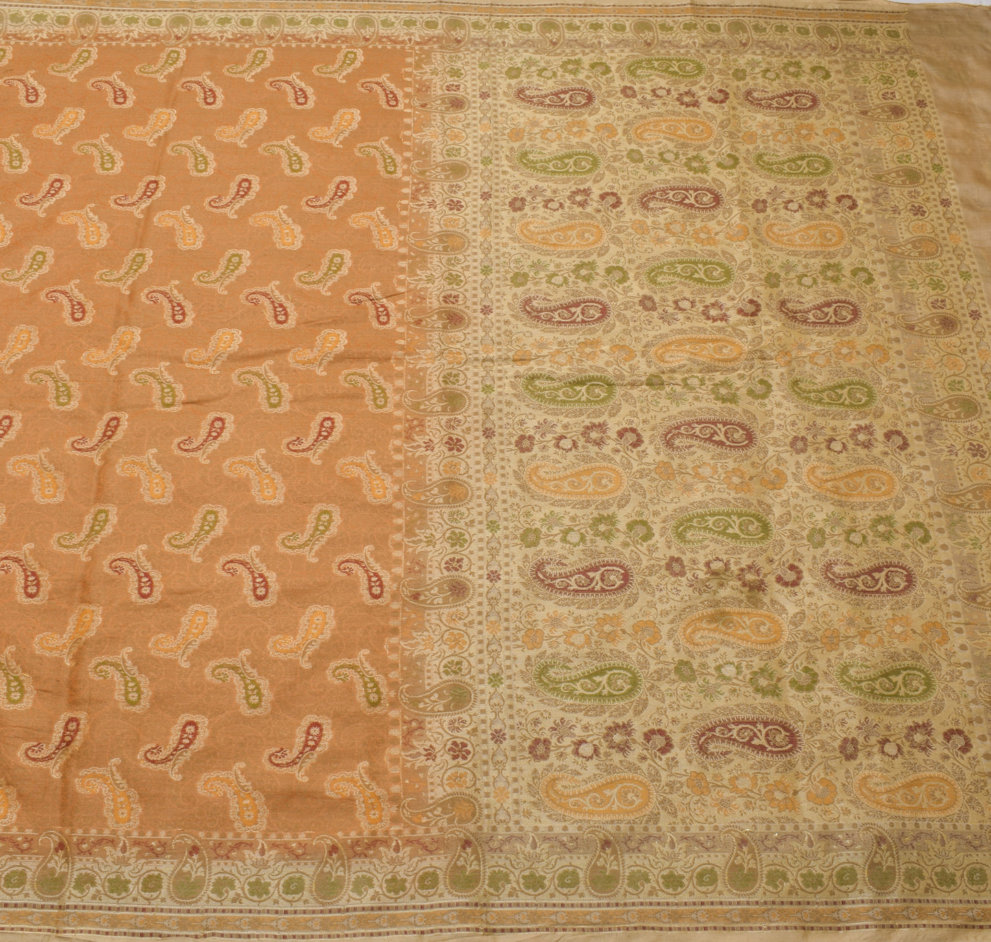 Sushila Vintage Orange Saree 100% Pure Silk All Over Woven Paisley Sari Fabric
