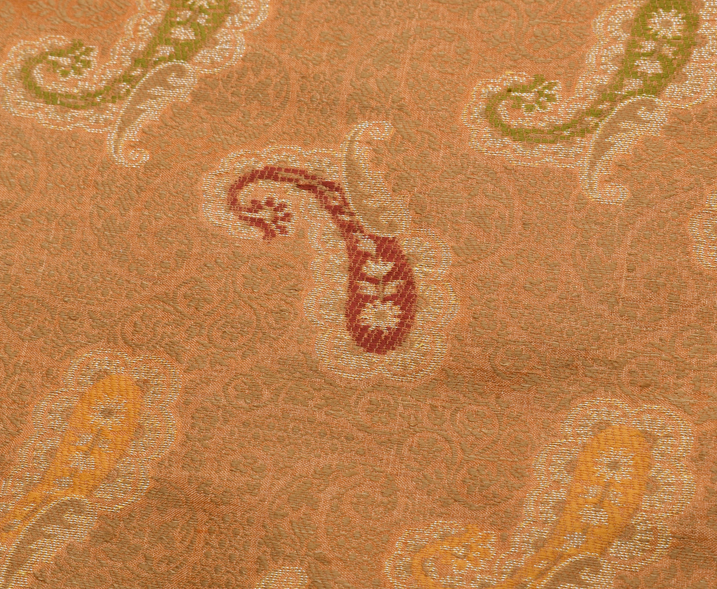 Sushila Vintage Orange Saree 100% Pure Silk All Over Woven Paisley Sari Fabric