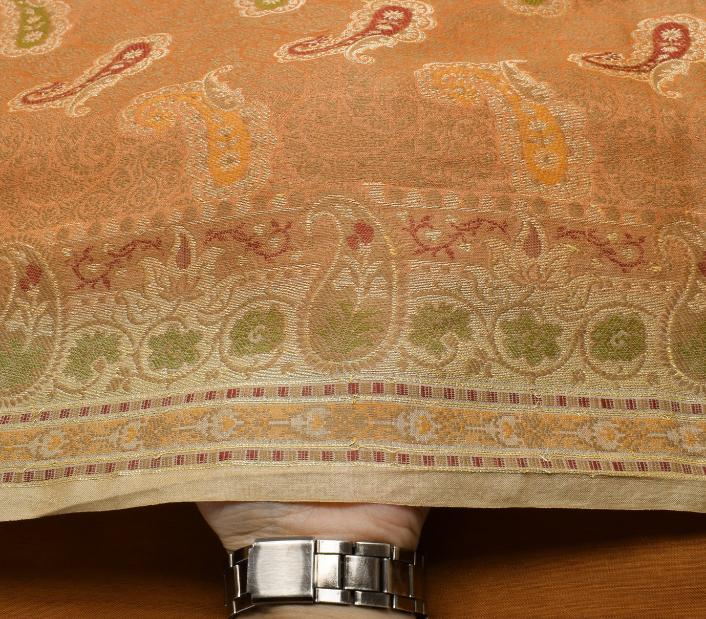 Sushila Vintage Orange Saree 100% Pure Silk All Over Woven Paisley Sari Fabric