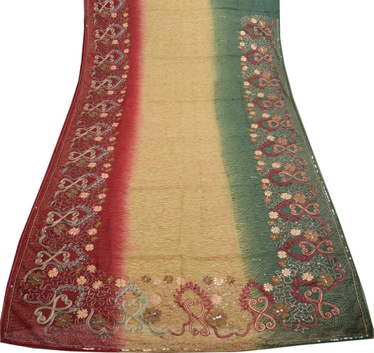 Sushila Vintage Yellow Saree Pure Georgette Silk Hand Beaded Floral Sari Fabric