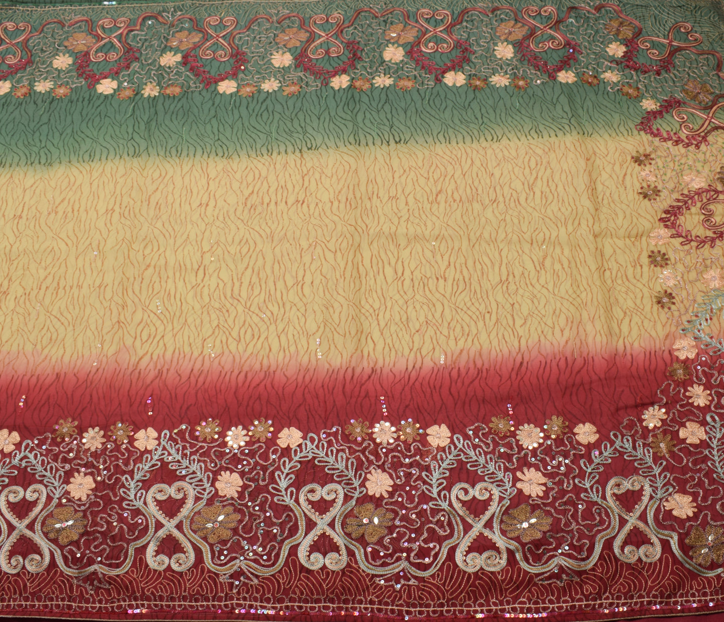 Sushila Vintage Yellow Saree Pure Georgette Silk Hand Beaded Floral Sari Fabric