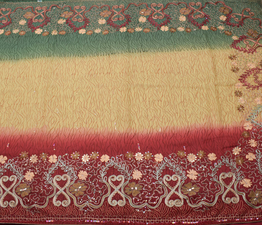 Sushila Vintage Yellow Saree Pure Georgette Silk Hand Beaded Floral Sari Fabric