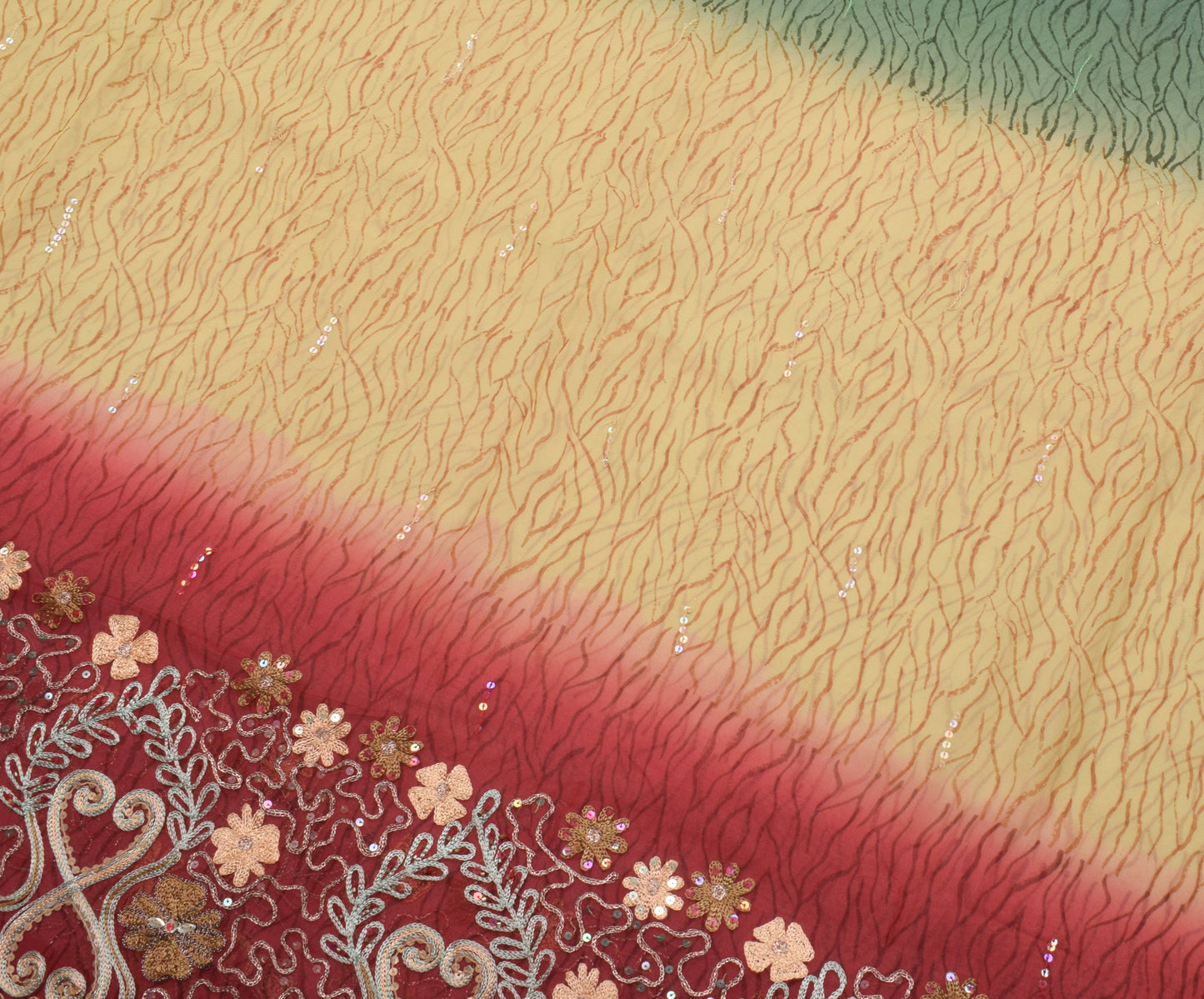 Sushila Vintage Yellow Saree Pure Georgette Silk Hand Beaded Floral Sari Fabric