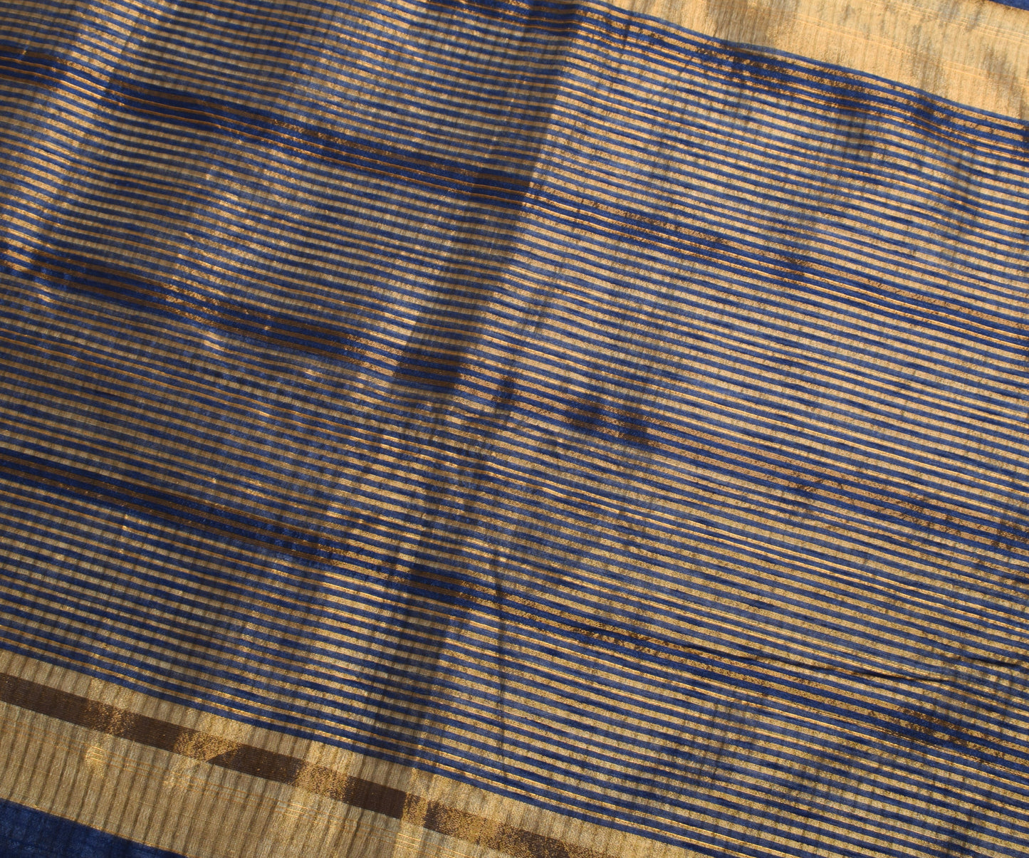 Sushila Vintage Blue Indian Saree Blend Silk Printed Strips Sari Craft Fabric