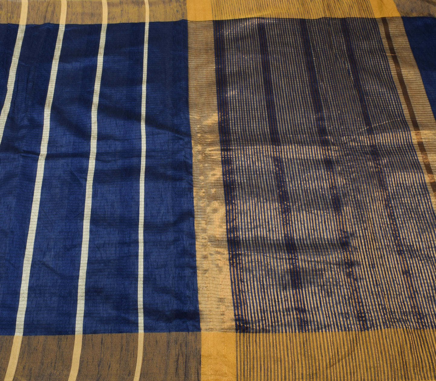 Sushila Vintage Blue Indian Saree Blend Silk Printed Strips Sari Craft Fabric