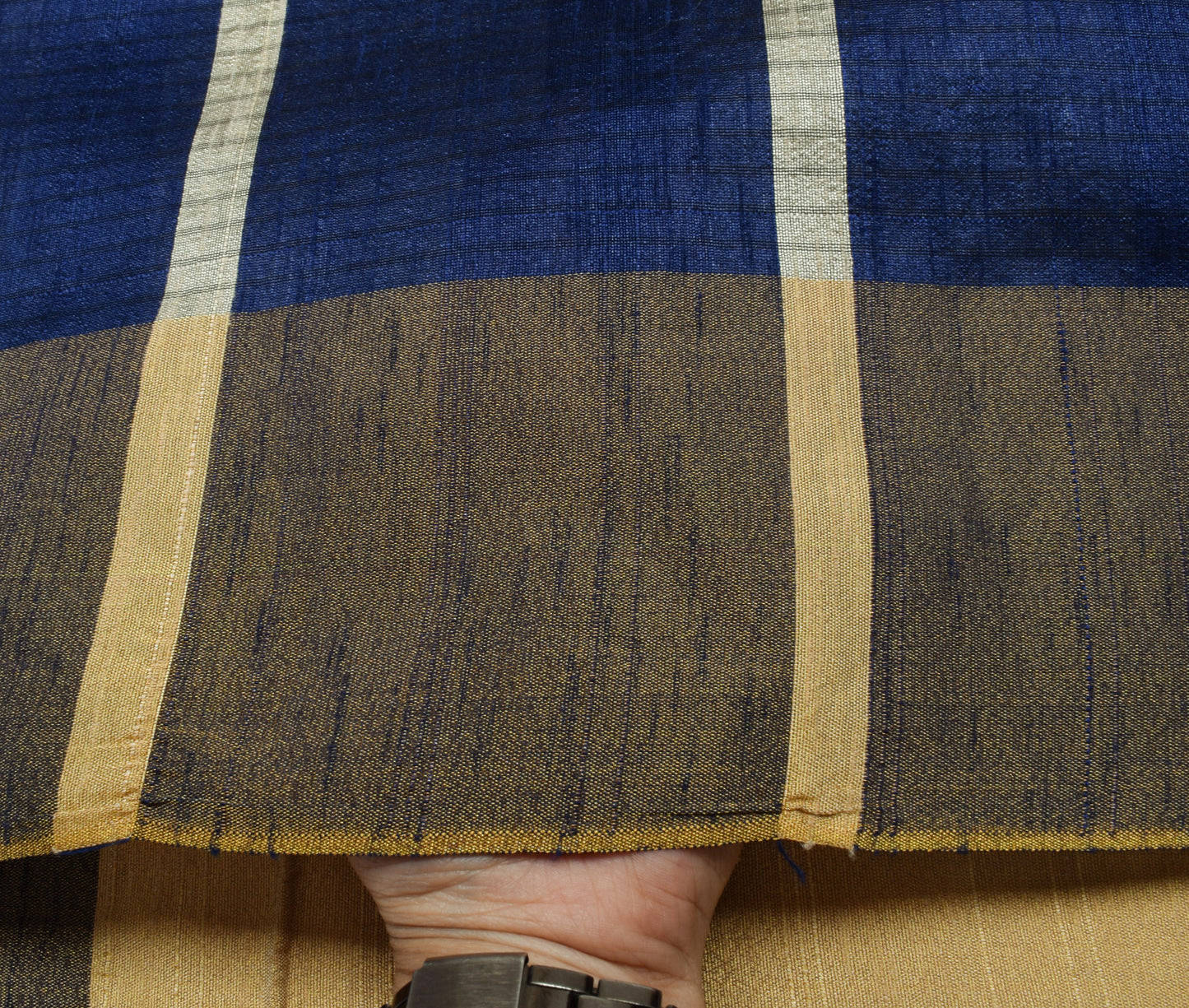 Sushila Vintage Blue Indian Saree Blend Silk Printed Strips Sari Craft Fabric