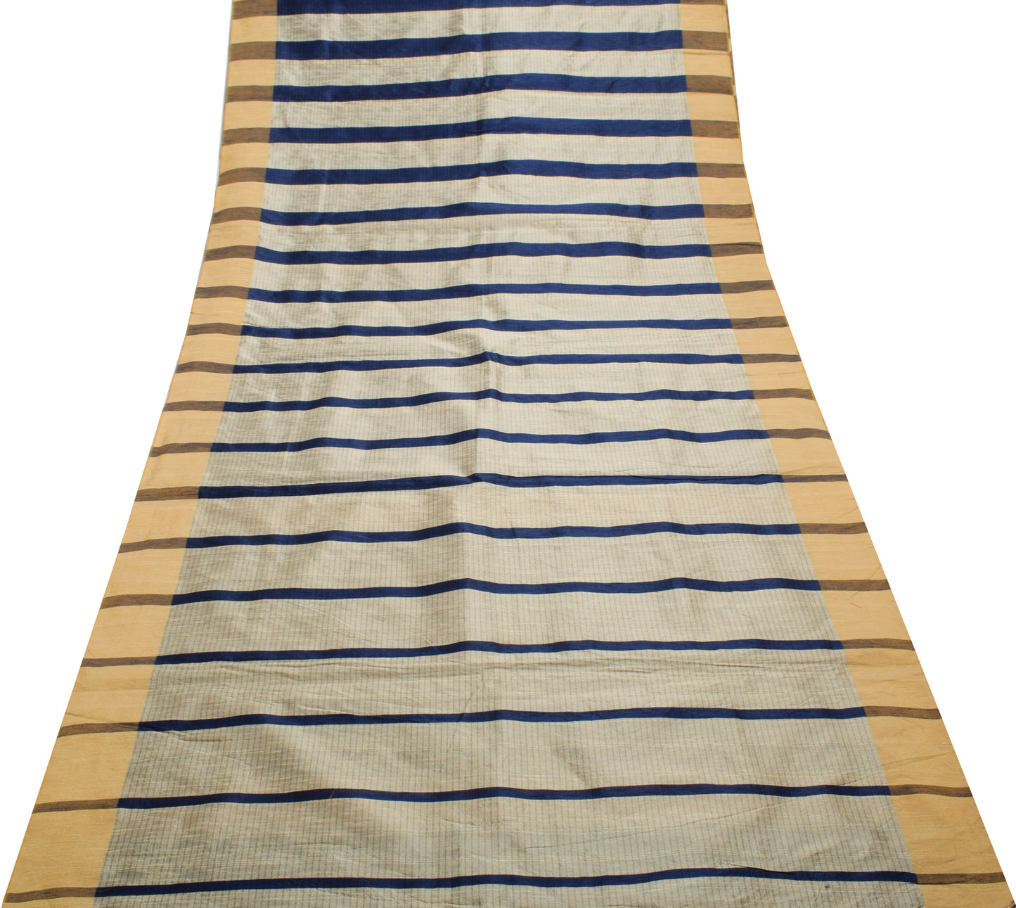 Sushila Vintage Blue Indian Saree Blend Silk Printed Strips Sari Craft Fabric