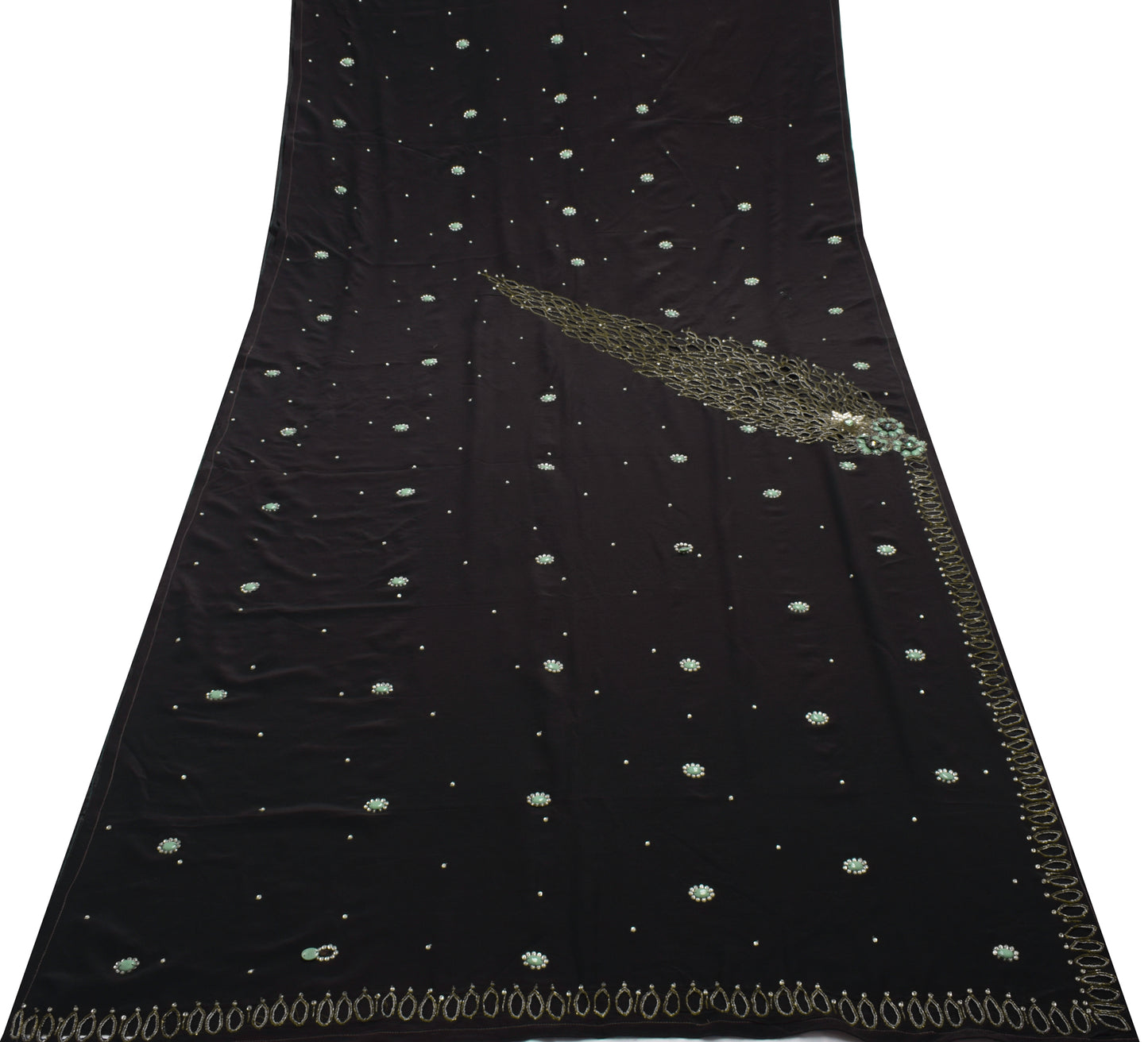 Sushila Vintage Black Indian Saree 100%Pure Crepe Silk Beaded Floral Sari Fabric