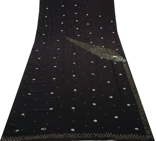 Sushila Vintage Black Indian Saree 100%Pure Crepe Silk Beaded Floral Sari Fabric