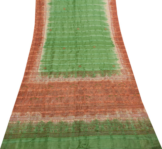 Sushila Vintage Green Indian Saree 100% Pure Silk  Embroidery Floral Sari Fabric