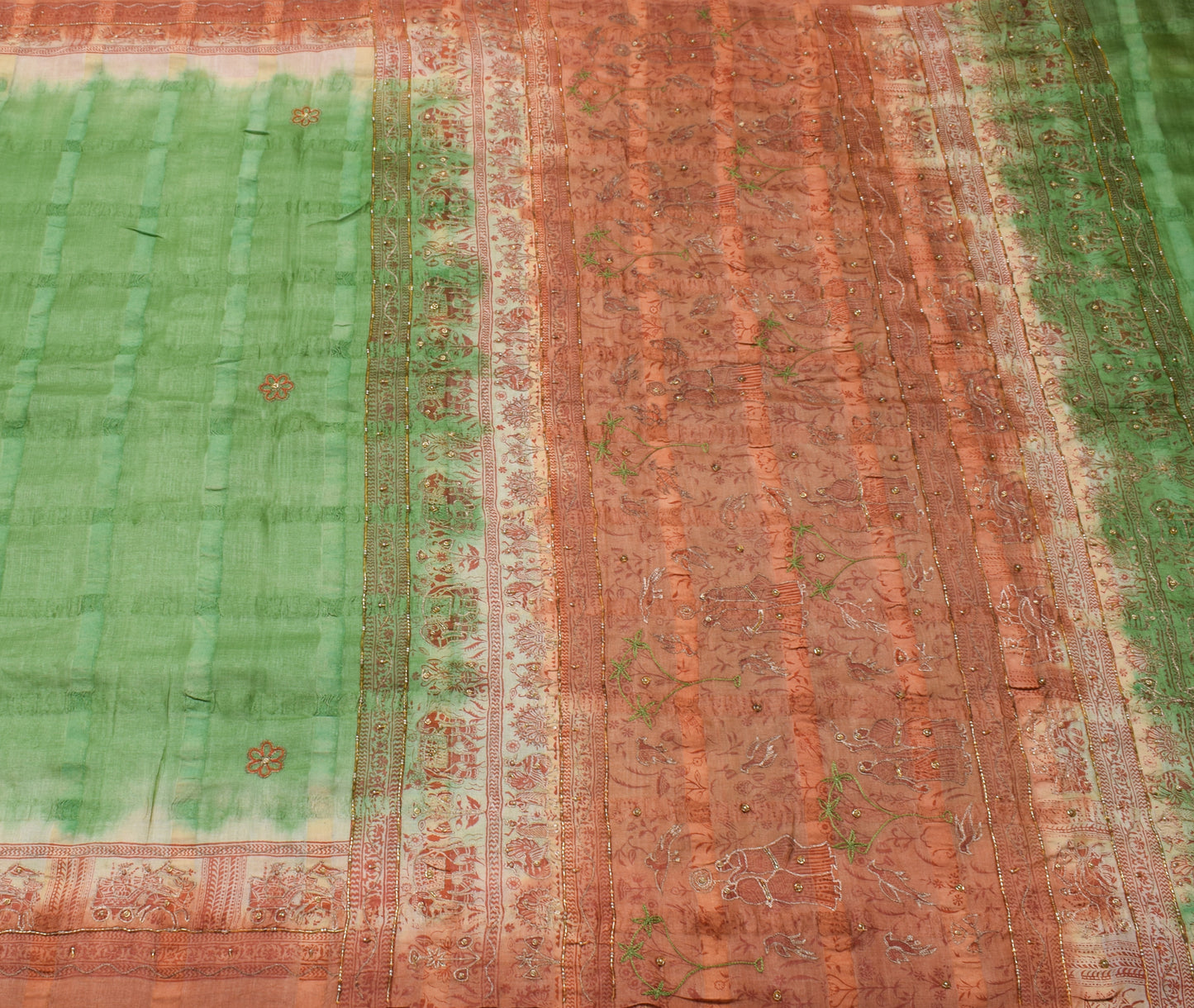Sushila Vintage Green Indian Saree 100% Pure Silk  Embroidery Floral Sari Fabric