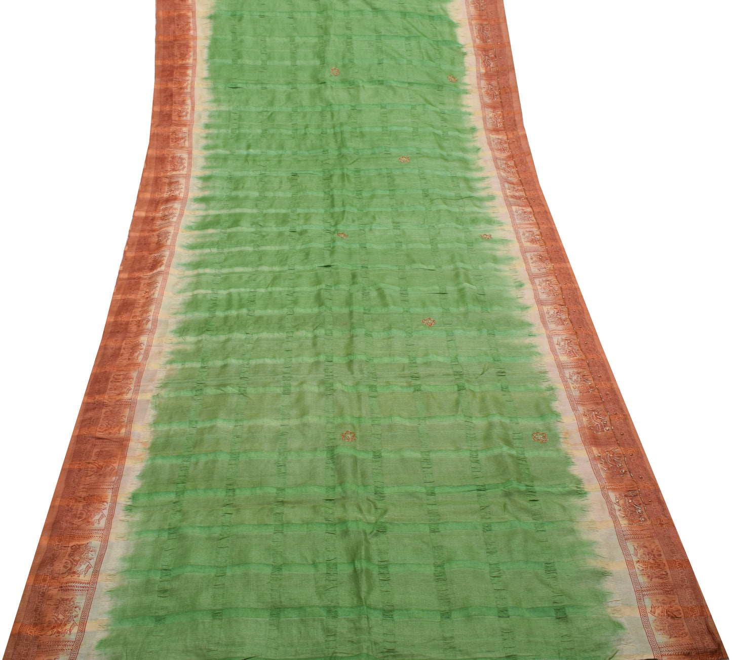 Sushila Vintage Green Indian Saree 100% Pure Silk  Embroidery Floral Sari Fabric