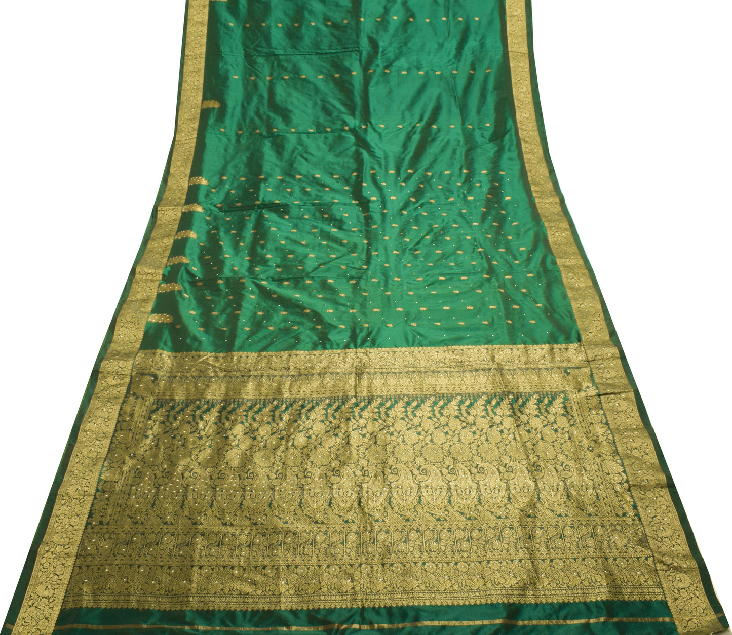 Sushila Vintage Green Saree Blend Silk Zari Woven Paisley Sari 5 Yd Craft Fabric