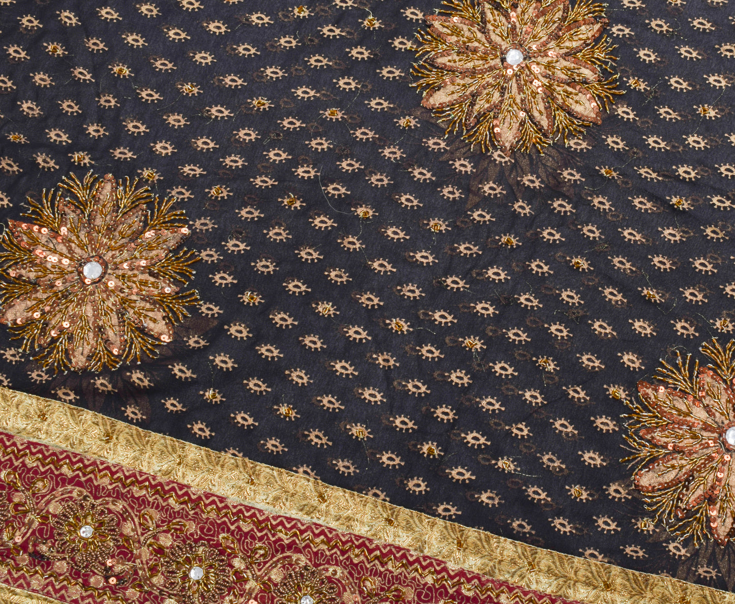 Sushila Vintage Black HEAVY Saree 100% Pure Georgette Hand Beaded Sari Fabric