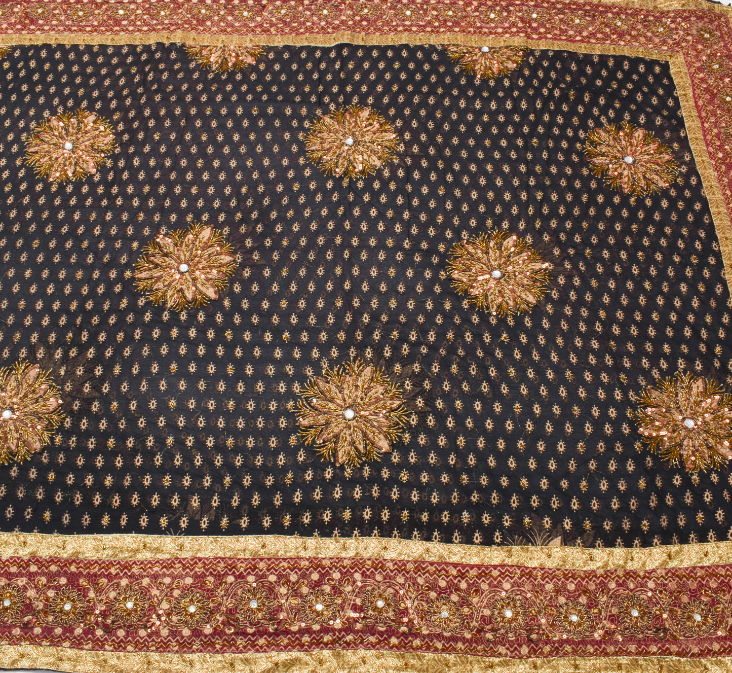 Sushila Vintage Black HEAVY Saree 100% Pure Georgette Hand Beaded Sari Fabric