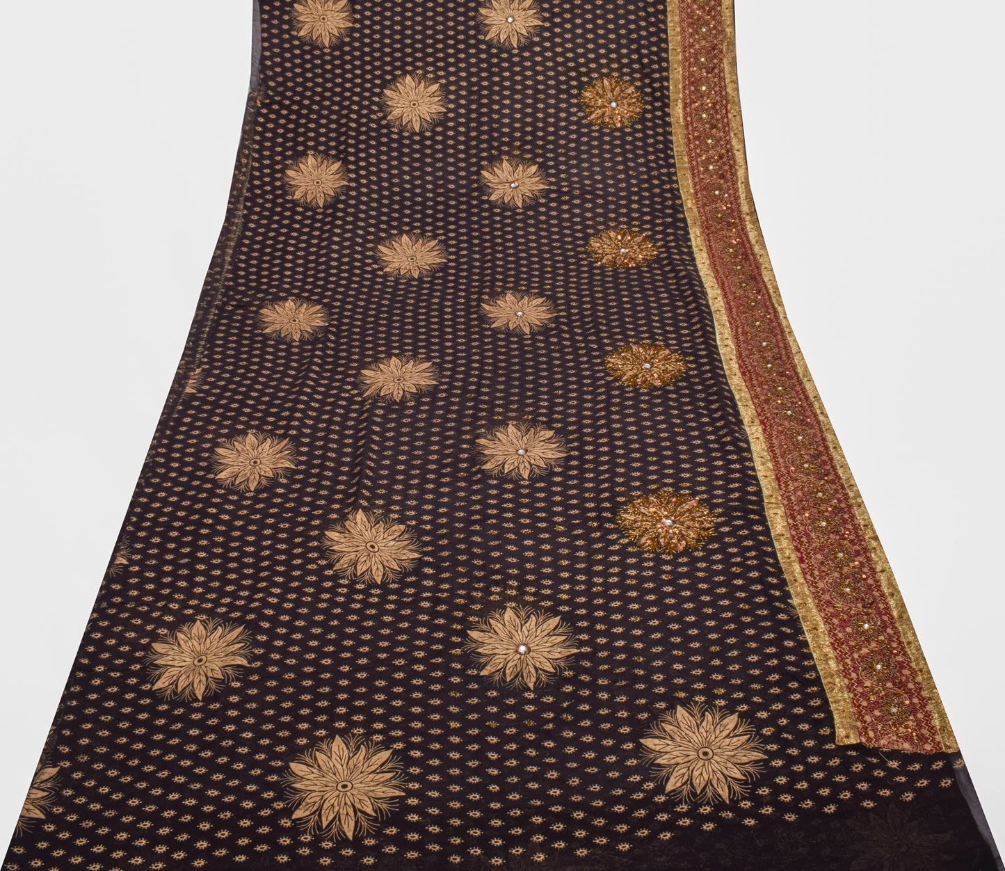 Sushila Vintage Black HEAVY Saree 100% Pure Georgette Hand Beaded Sari Fabric