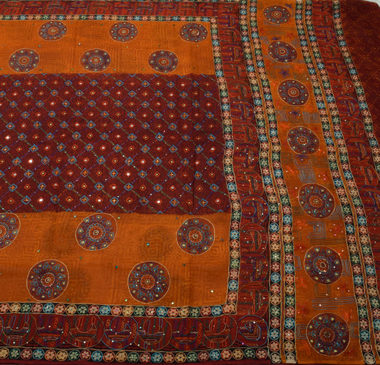 Sushila Vintage Maroon Saree 100% Pure Georgette Aari Work Floral Sari Fabric