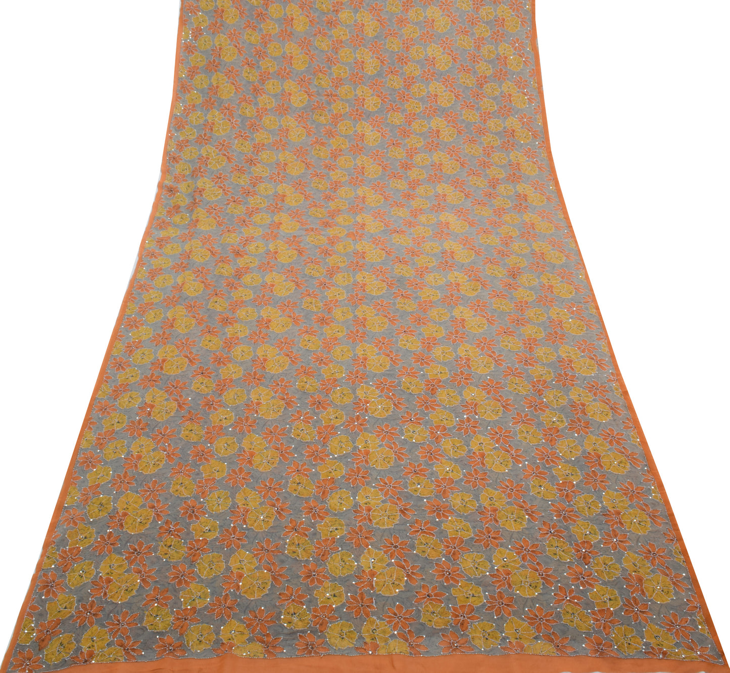 Sushila Vintage Gray Saree Pure Georgette Hand Embroidered Kantha Sari Fabric