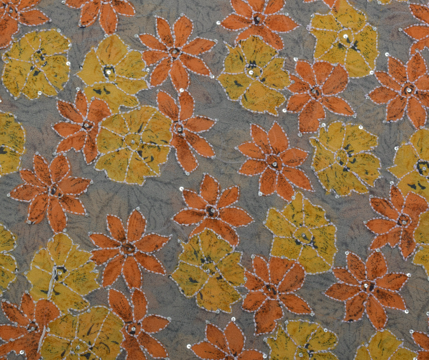 Sushila Vintage Gray Saree Pure Georgette Hand Embroidered Kantha Sari Fabric