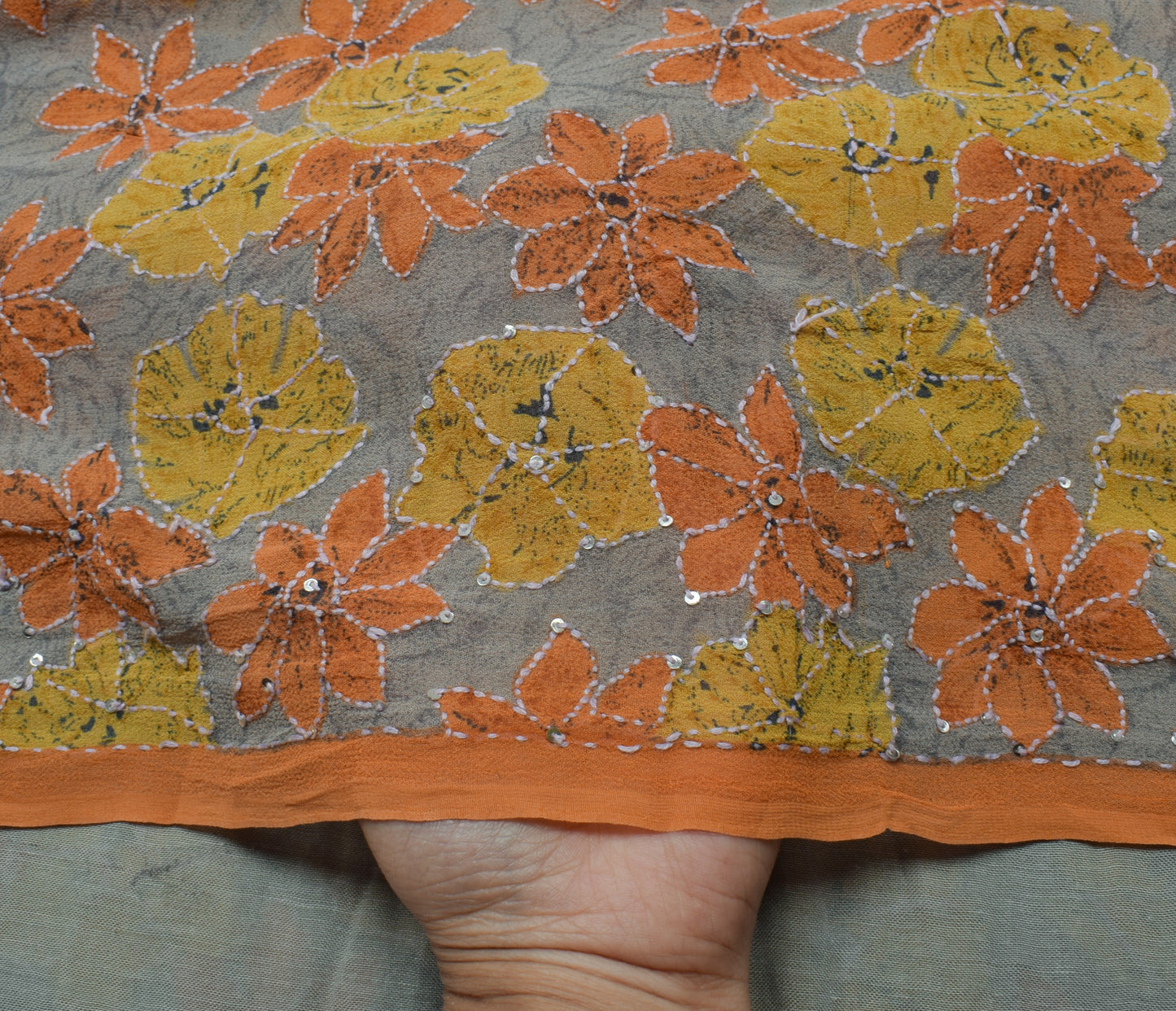 Sushila Vintage Gray Saree Pure Georgette Hand Embroidered Kantha Sari Fabric