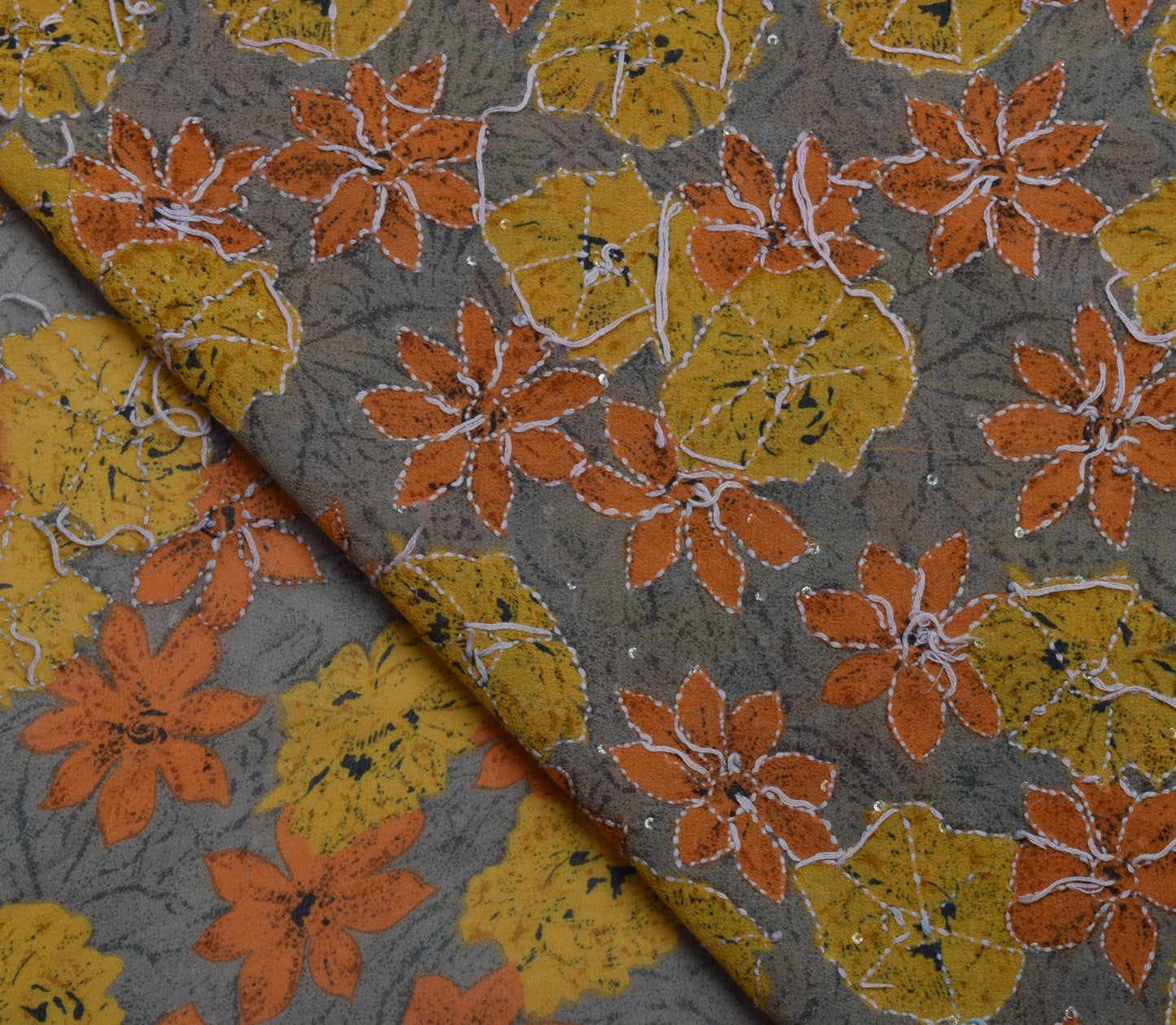 Sushila Vintage Gray Saree Pure Georgette Hand Embroidered Kantha Sari Fabric