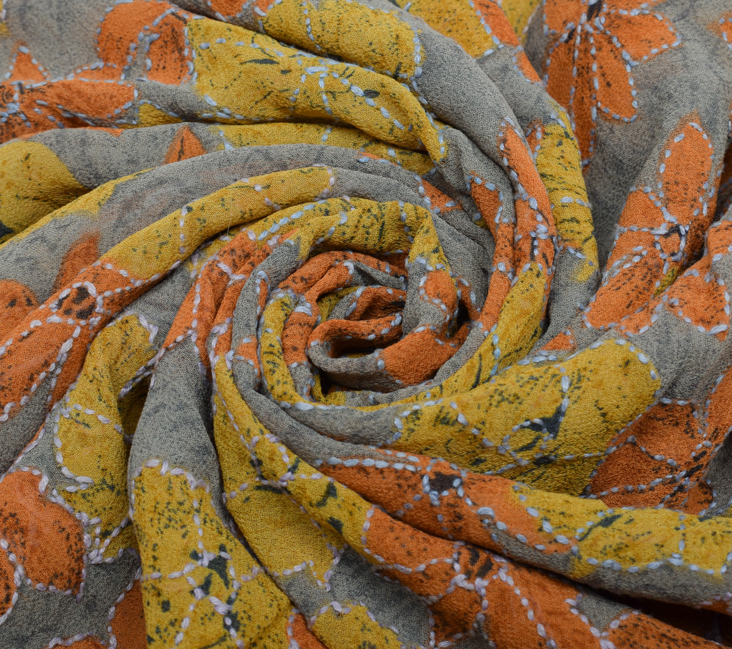 Sushila Vintage Gray Saree Pure Georgette Hand Embroidered Kantha Sari Fabric
