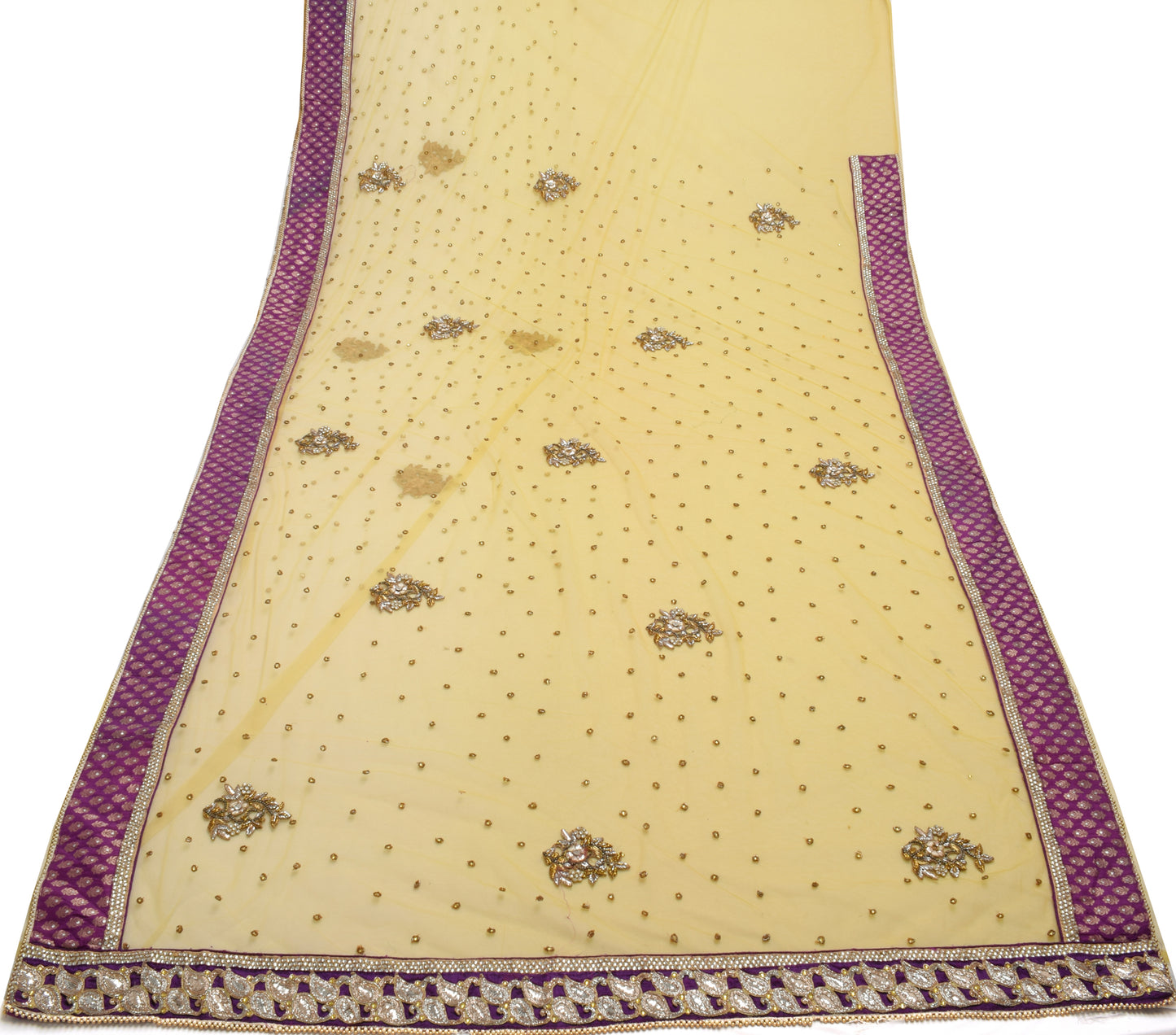 Sushila Vintage Yellow Wedding Saree Net Mesh Hand Beaded Floral HEAVY Sari 5 YD Craft Fabric