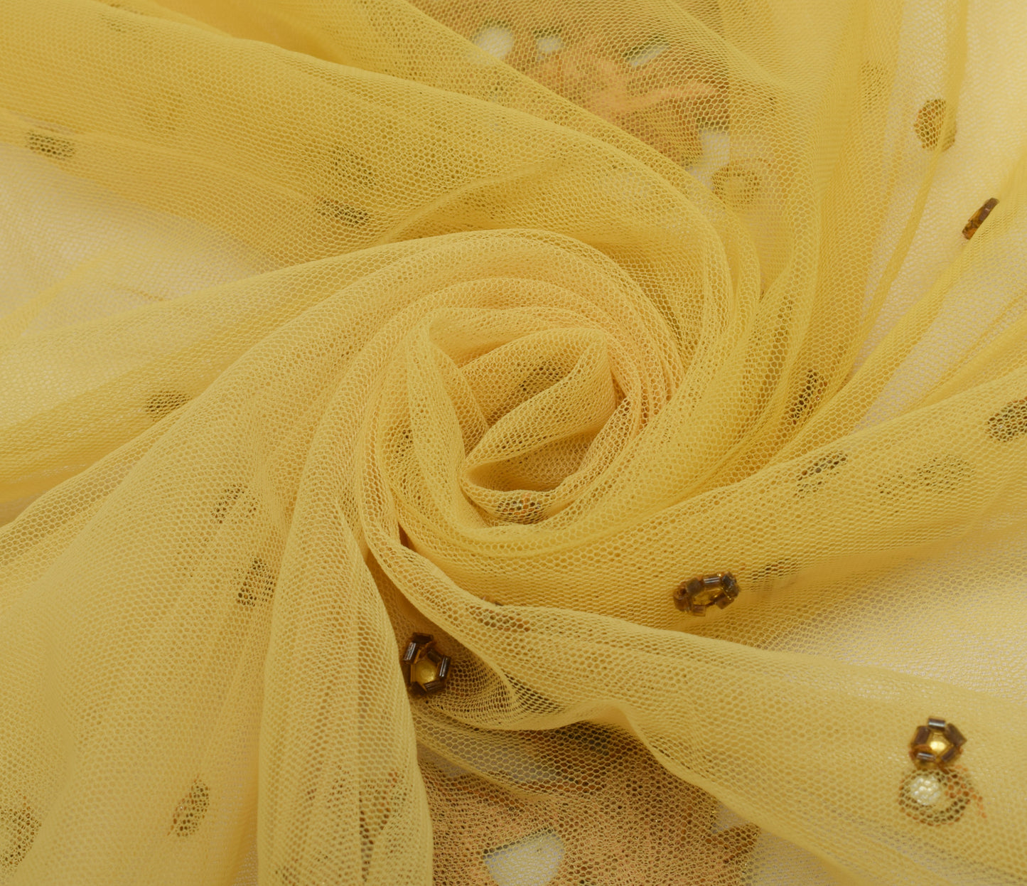 Sushila Vintage Yellow Wedding Saree Net Mesh Hand Beaded Floral HEAVY Sari 5 YD Craft Fabric