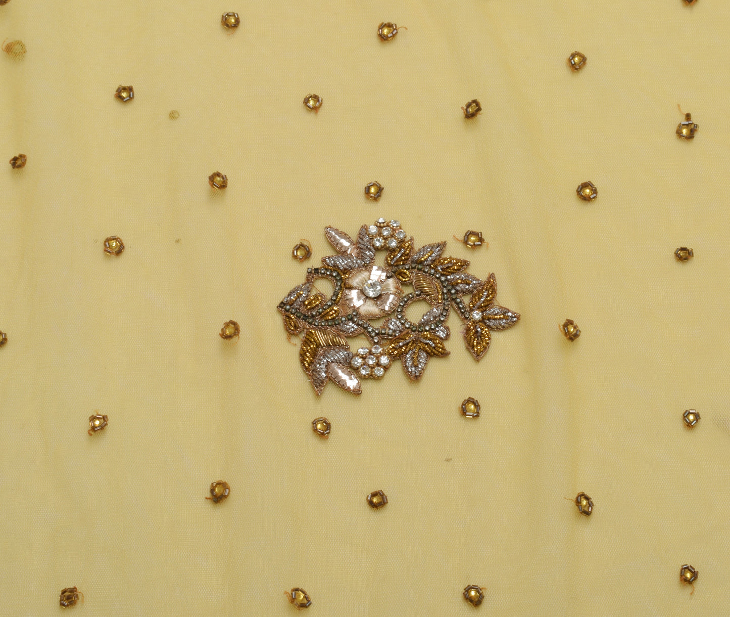 Sushila Vintage Yellow Wedding Saree Net Mesh Hand Beaded Floral HEAVY Sari 5 YD Craft Fabric