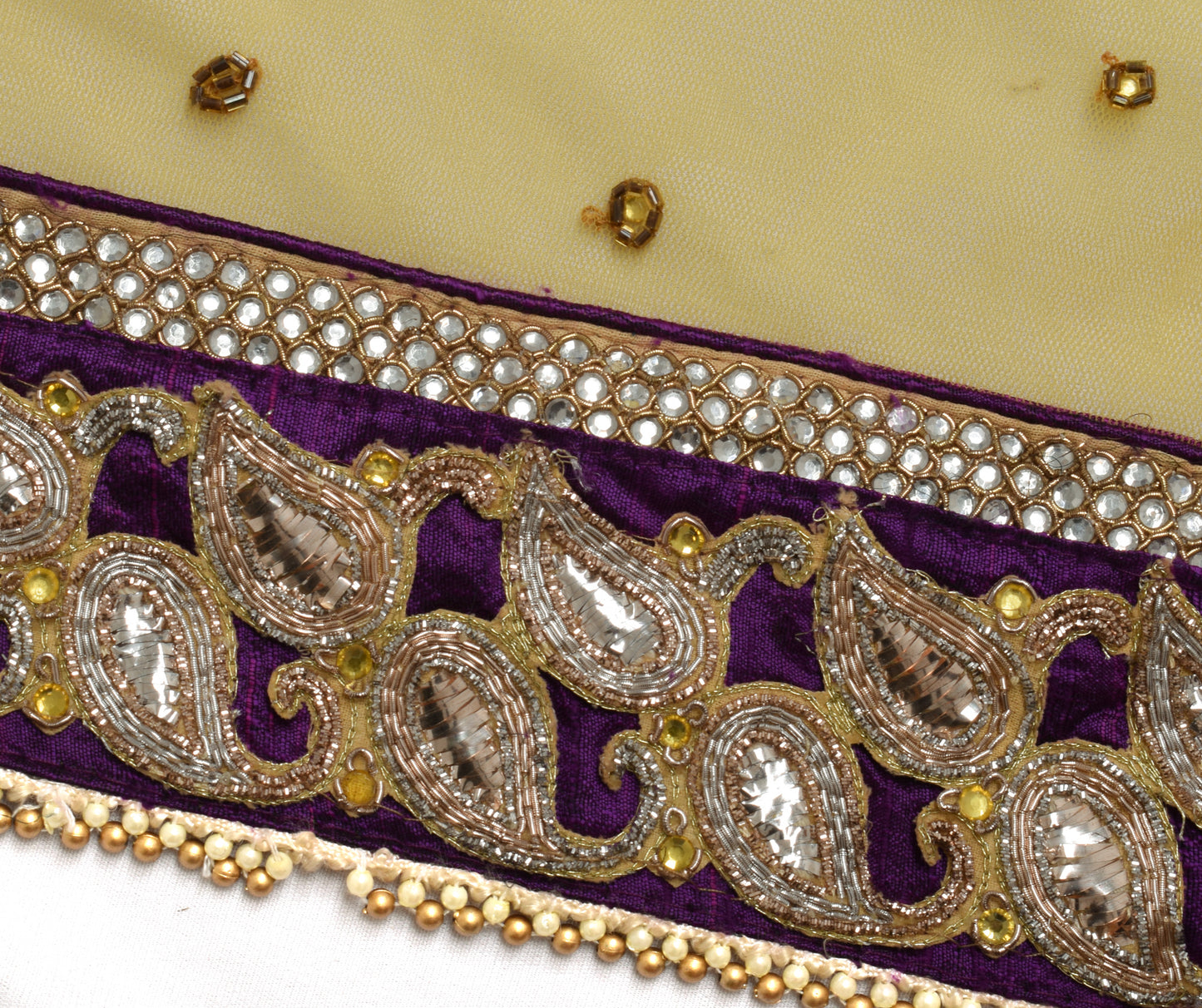Sushila Vintage Yellow Wedding Saree Net Mesh Hand Beaded Floral HEAVY Sari 5 YD Craft Fabric