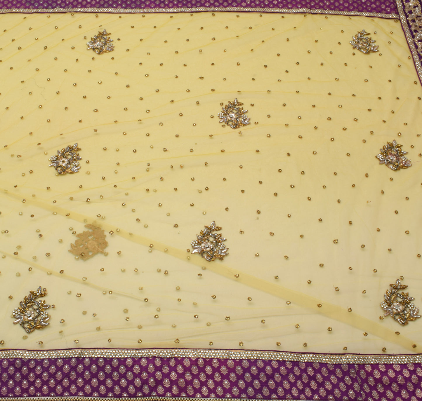 Sushila Vintage Yellow Wedding Saree Net Mesh Hand Beaded Floral HEAVY Sari 5 YD Craft Fabric