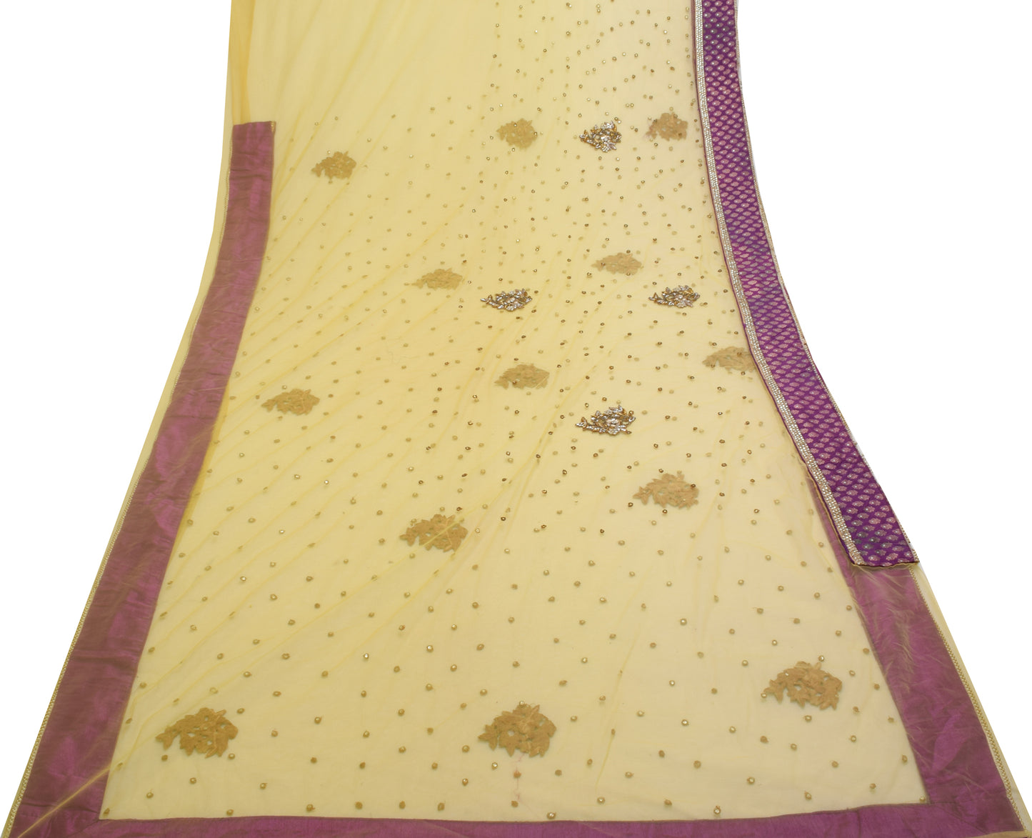 Sushila Vintage Yellow Wedding Saree Net Mesh Hand Beaded Floral HEAVY Sari 5 YD Craft Fabric