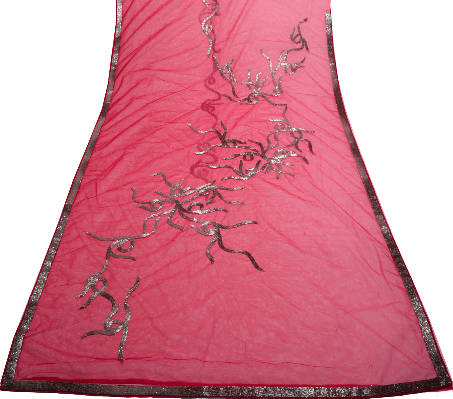 Sushila Vintage HEAVY Red Saree Net Mesh Glass Beads Embellish Sari Craft Fabric
