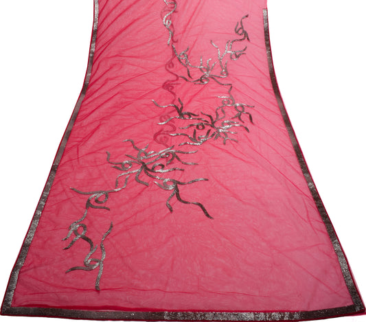 Sushila Vintage HEAVY Red Saree Net Mesh Glass Beads Embellish Sari Craft Fabric